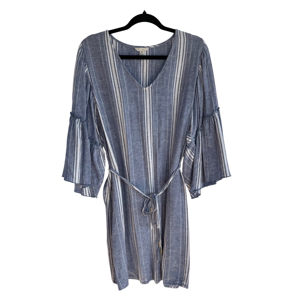 C. Est. 1946 Blue White Striped Linen Blend Bell Sleeve V-Neck Dress XL